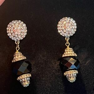 Vtg Heidi Daus Rhinestone Drop Pierced Earrings with black faceted glass NIB